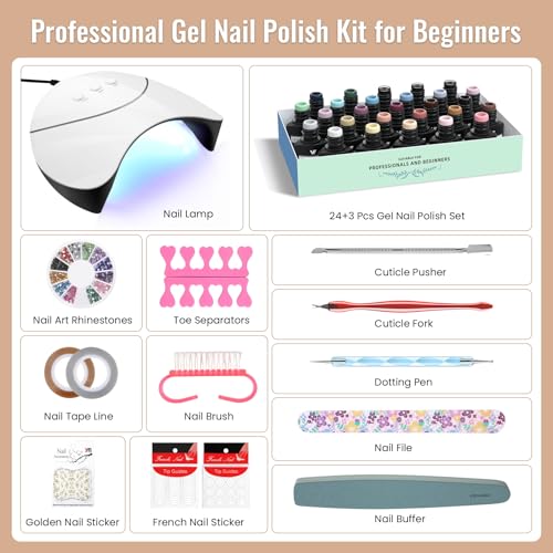 VANREESA 24 Colors Gel Nail Polish Kit with U V Light 42 Pcs Gel Polish Nail Kit Glossy & Matte Top Coat Complete Nail Kit with Manicure Tools Gifts for Women - color: Natural & Elegant Collection