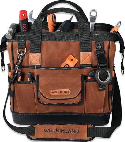 WELKINLAND 22-Pockets Hard Bottom Tool Bag, 14-Inch Electrician Tool Bag