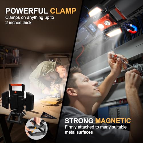 Tresda 4000LM LED Work Light Rechargeable with Clamp, 40W Magnetic Work Light Battery Powered with 5 Light Modes, 350° Rotation, Portable Job Site Lighting for Construction Site,Workshop,Car Repairing - style: Magnetic Clamp Stand