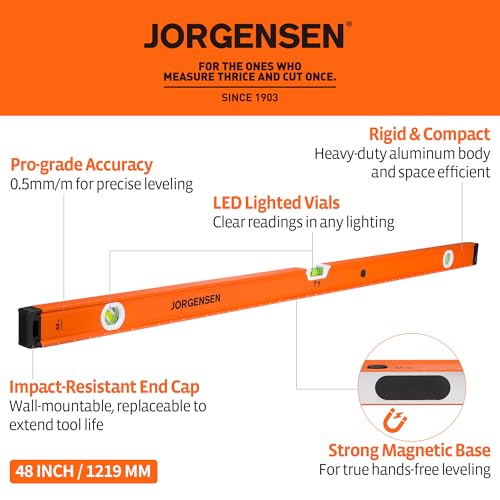 JORGENSEN 48" Magnetic LED Box Level, 45°/90°/180° Bubble Long Leveler Tool - size: 48 inch