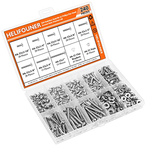 HELIFOUNER 240 Pieces #6-32 Phillips Pan Head Machine Screws Nuts Washers Assortment Kit, Coarse Thread, Fully Machine Threaded, 304 Stainless Steel - size: #6-32, style: Phillips Pan Head