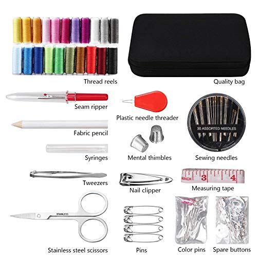 JUNING Sewing Kit with Case, 130 pcs Sewing Supplies for for Mom Grandma Women Men Home Travel and Emergency, Contains 24 Spools Threads, Sewing Needles, Scissors, Thimble, Measuring Tape and More - size: A-24 Threads
