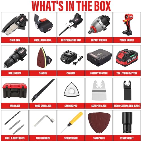 TEENO Brushless Power Tool Combo Kit, 6-in-1 Cordless Interchangeable Multi-Tool Set (Drill, Impact Wrench, Oscillating Tool, Reciprocating & Chain Saws, Sander), 3Ah Battery, USB Adapter & Hard Case - color: Red