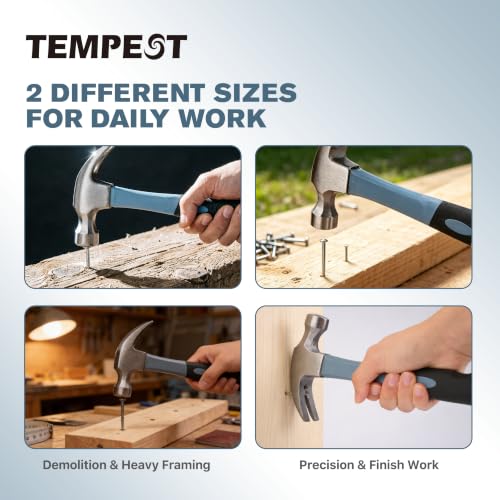 TEMPEST 2-Piece Claw Hammer Set, 16 oz General Purpose & 8 oz Stubby Mini Hammer, Drop-Forged Carbon Steel, Non-Slip Handle, Curved Claw Hammer Set for Construction, Woodworking & Home Repair