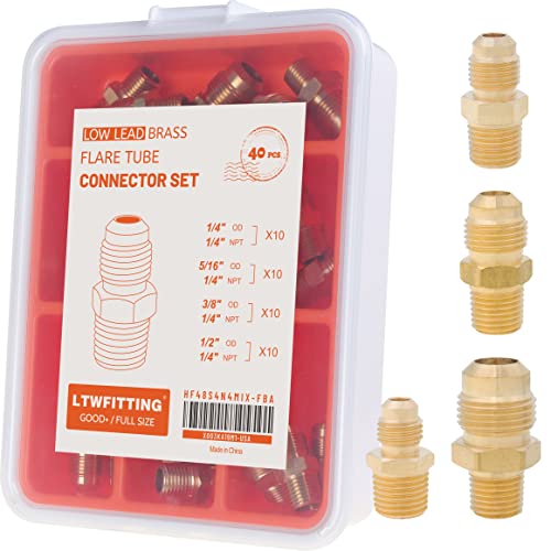 LTWFITTING Assortment Kit Tube OD (1/4-Inch 5/16-Inch 3/8-Inch 1/2-Inch) x 1/4-Inch Male NPT Brass Flare Connector Set (Pack of 40)