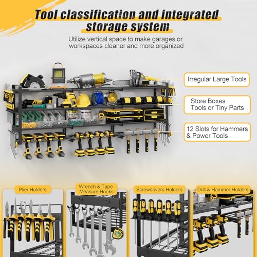 49''W Power Tool Organizer Wall Mount, 650LBS, 4 Tier, 12 Drill Holders - size: 49.4" Width 4-Tier