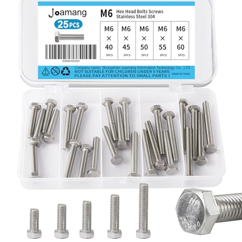 M6 x 40mm 45mm 50mm 55mm 60mm Hex Bolts, Hexagon Head Screws, 304 Stainless Steel(A2-70), Metric Fully Thread, Bright Finish, Assortment Kit 25PCS - size: M6x40-60mm(25PCS)