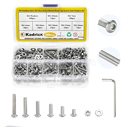 Kadrick 304 Stainless Steel Screws,300 Pcs M4 Screw Assortment Button Head Socket Cap,M4x6mm,8mm,10mm,12mm,16mm,20mm Metric Bolts Nuts Washers Kit with 1 Hex Allen Wrenche - size: M4 300Pcs Button Head