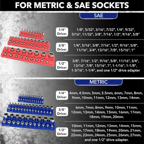 Bates- Magnetic Socket Organizer Set, 6 Pack, 1/2", 1/4" and 3/8" - color: Blue & Red, size: 6 Pack