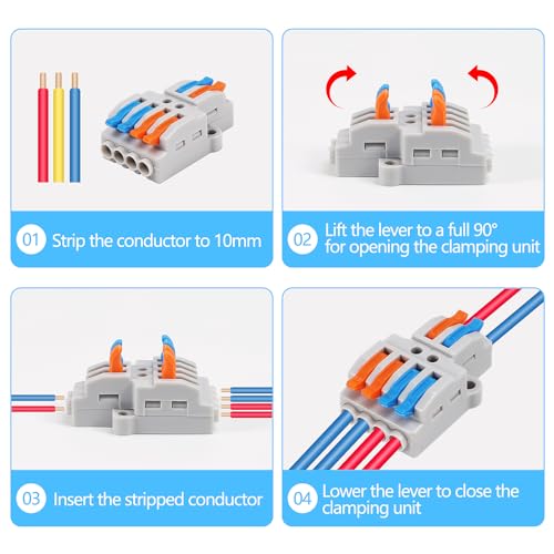 10PCS Lever Wire Connectors - 2 in 4 Out Quick Electrical Lever Nuts, Push-in Conductor Terminal Block AWG 28-12 - color: Grey,10pcs 2 in 4 out