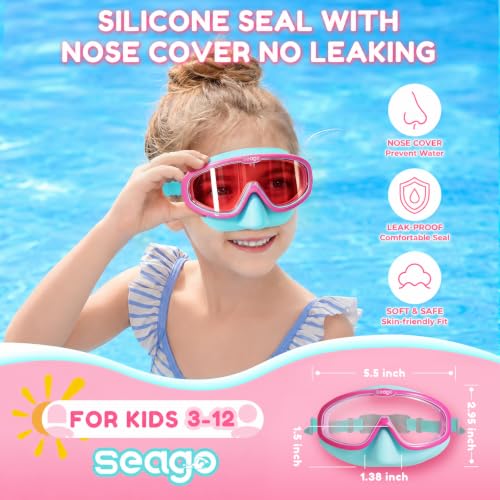 Seago Kids Swim Goggles with Nose Cover 2 Pack for 3-14 Anti-Fog Clear View - color: Blue Green & Blue Pink
