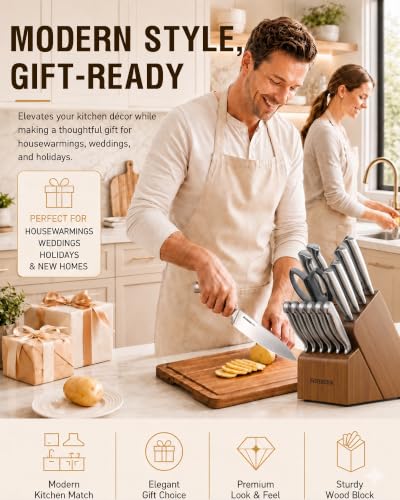 Astercook Knife Set 15 Piece German Steel Kitchen Knife Block Set - color: Walnut Brown