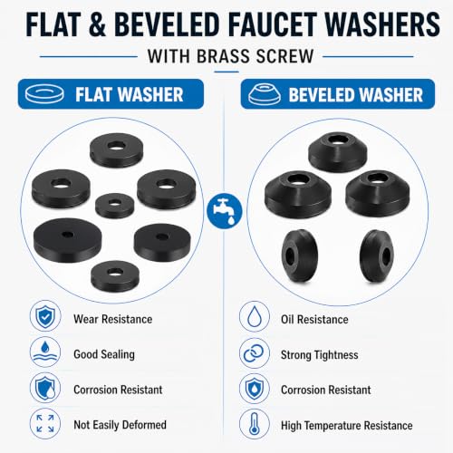 ZDBB 106 pcs Flat and Beveled Faucet Washers and Brass Bibb Screws Assortment for Use with Assorted Quick-Opening Style Faucets Stem Worn Out Washer Replacements Black - size: 106 PCS