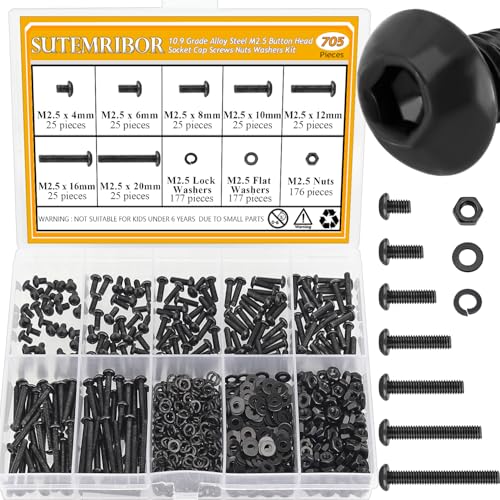 705 Pieces M2.5 Screws Nuts Washers Set Black, Sutemribor M2.5 x 4/6/8/10/12/16/20mm Button Head Socket Cap Screws Nuts Washers Assortment Kit, 10.9 Grade Alloy Steel, Fully Threaded - size: M2.5 x 4/6/8/10/12/16/20mm Kit, style: Button Head
