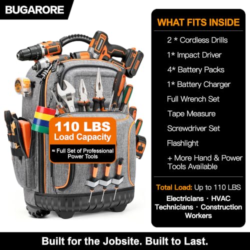 Rolling Tool Backpack with Wheels, 16" Heavy Duty Tool Bag with Molded Base - color: Grey