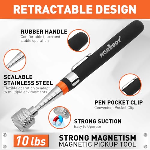HORUSDY 4 - PIECE Magnetic Pickup Tools Kit | Extendable Telescoping Magnet Pick Up Tool Set 7-30.5” & 5-25” | Bend-It Flexible Magnetic Sweeper | Collapsible Parts Tray for Garage Workshop Yard - style: 4-Piece Magnetic Tray & Stick - Collapsible