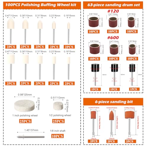 185Pcs Polishing Buffing Wheel Kit, Felt Wool Pad Set, Rotary Accessories with Sanding Drum, Polishing Compound, Grinding Head, 1/8" Shank for Jewelry Metal Polishing, Compatible with Dremel - color: 185pcs-10 Styles