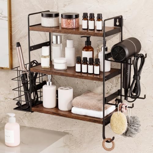 Nuanchu 3-tier Wall Mounted Hair Dryer Holder, Adjustable Wood & Metal Hair Tool Organizer with Detachable Basket & Side Hooks, Rust-resistant for Bathroom Vanity, Kitchen, Toiletries (Rustic Brown)
