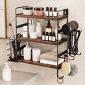 Nuanchu 3-tier Wall Mounted Hair Dryer Holder, Adjustable Wood & Metal Hair Tool Organizer with Detachable Basket & Side Hooks, Rust-resistant for Bathroom Vanity, Kitchen, Toiletries (Rustic Brown)