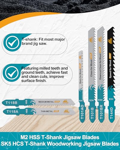 50-Piece Jigsaw Blades for Metal and Softwood Plywood, T-Shank Jig Saw Blades for Professional Accessory Jigsaw (T118A,T118B,T101AO,T101B,T101BR,T144D) - size: Set 1 (T118A-T144D)