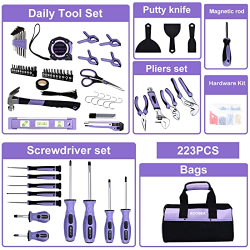ACOSEA Purple Tool Set,223-Piece Tool Sets for Women,Tool Kit with 13-Inch Wide Mouth Open Purple Tool Bag,The Basic Tool Set is Perfect for Home Maintenance (PURPLE)