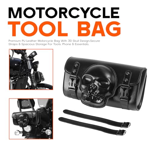 Rogierra 7.2L Motorcycle Tool Bag，Universal PU Leather Motorcycle Fork Bag Waterproof Handlebar Bag For Harley Suzuki Kawasaki，Black 3D Skull Bag - style: 3d Skull Pattern