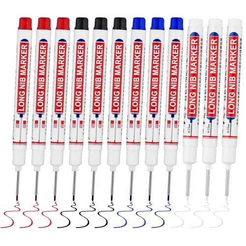 12 PCS Long Head Deep Hole Marker Pens,20mm Long Nib Marker, Longs Nose Markers, Waterproof Construction Markers Marking Tool,Permanent Markers Carpenter Ink marker Pens,Metal marking Pens - color: 12PCS-20MM-Red/Black/Blue/White
