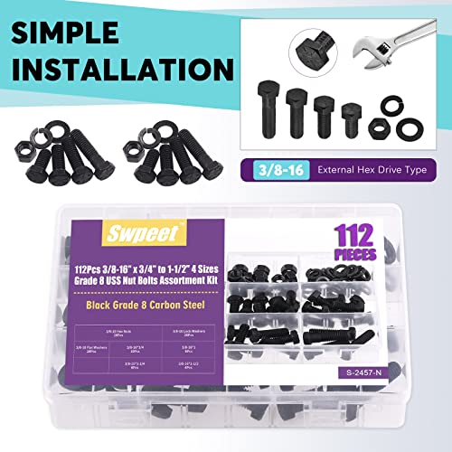 Swpeet 112Pcs 3/8-16" x 3/4" to 1-1/2" 4 Sizes Black Zinc Finish Carbon Steel Grade 8 USS Nut Bolts Assortment Kit, Heavy Duty Bolt Nut and Washer Assortment Coarse Thread Hex Head Cap Screws Bolt - size: 3/8 Inch