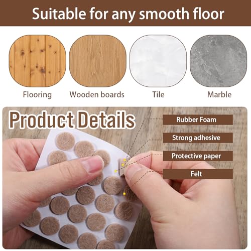 48 Pcs 1/2 Inch Felt Pads for Chair Legs Brown Felt Cabinet Door Pads Self Adhesive Round Felts Feet Protector Felts Bumpers for Table Chair Sofa Furniture Kitchen Cabinet Doors Floor Drawers Cupboard