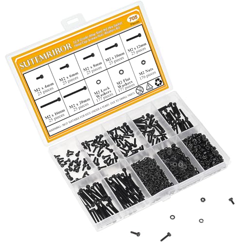 705 Pieces M2 Screws Nuts Washers Set Black, Sutemribor M2 x 4/6/8/10/12/16/20mm Hex Socket Head Cap Screws Nuts Washers Assortment Kit, 12.9 Grade Alloy Steel, Fully Threaded - size: M2 x 4/6/8/10/12/16/20mm Kit, style: Socket Head