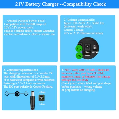 21V Battery Charger, fit for 20V 20 Volt Lithium Battery, Compatible with Electric Drill, Chainsaw, Angle Grinder, Impact Wrench, Reciprocating Saw, Leaf Blower, Car Washer Gun, with LED Indicator.