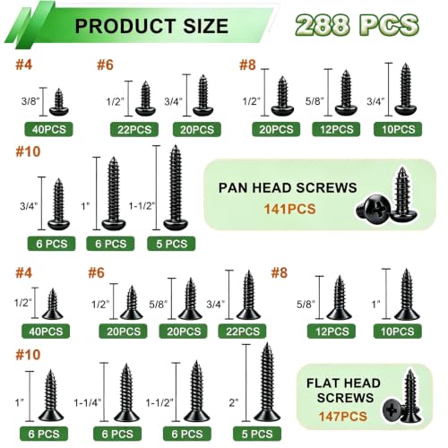 288PCS Black Screws Assortment Kit,Self Tapping Wood Screws #4/#6/#8/#10 Screw Assortment Kit,Round Head Screws Length 3/8" to 2",Sheet Metal Screws Assorted - size: 288PCS-BK
