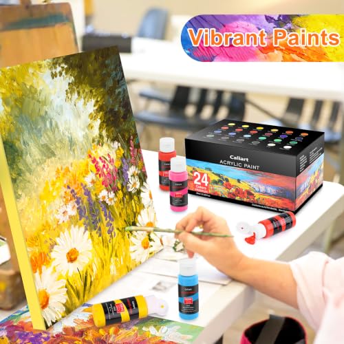 Caliart 24 Colors Acrylic Paint Set with 12 Brushes - color: Regular, size: 2 Fl Oz (Pack of 24)