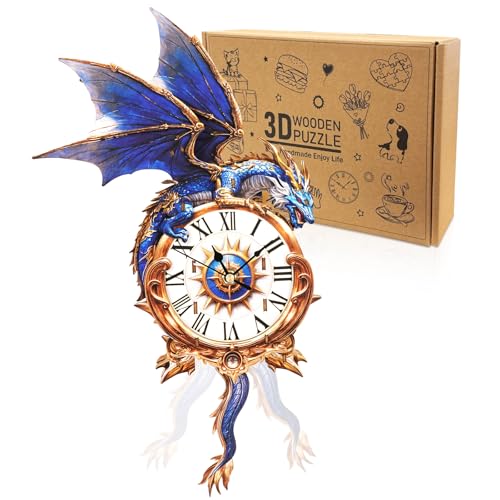 3D Wooden Puzzles for Adults-Blue Dragon Clock Puzzle-Adult Crafts - color: Blue Dragon Clock