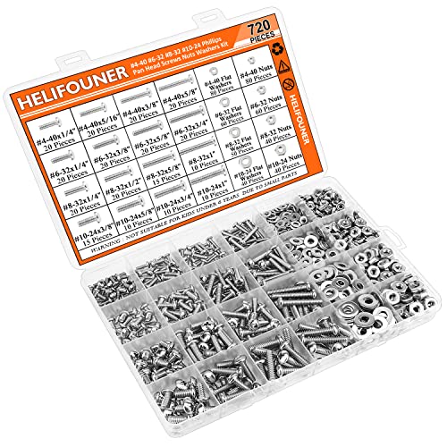 HELIFOUNER 720 Pieces #4-40#6-32#8-32#10-24 Phillips Pan Head Machine Screws Nuts Washers Assortment Kit, Coarse Thread, Fully Machine Threaded, 304 Stainless Steel - size: #4-40 #6-32 #8-32 #10-24, style: Phillips Pan Head