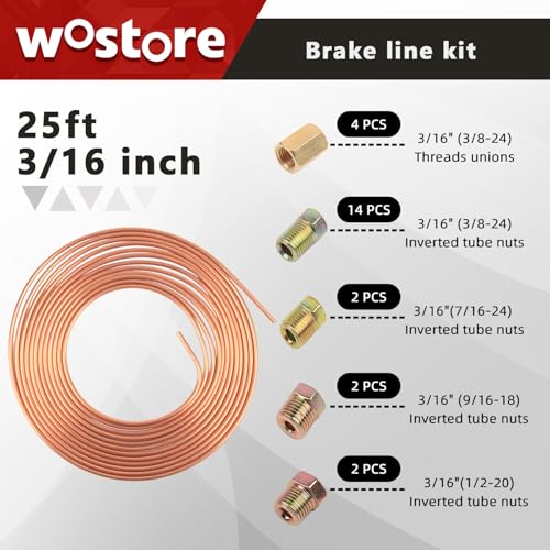 Wostore 25FT 3/16" Copper Coated Brake Line Kit & Flaring Tool, 24 Fittings - size: Double flare kit with 3/16" Brake Line