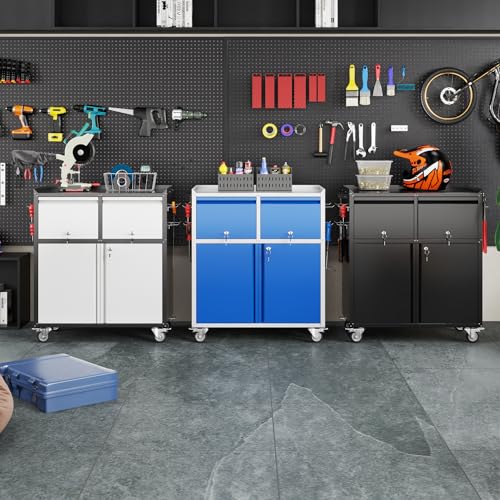 Aobabo Rolling Metal Garage Cabinet with 2 Drawers, Lock and Pegboard - color: Black, size: 18.11"D x 30.31"W x 35.43"H-2 Drawers