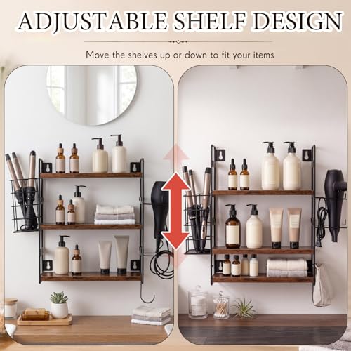 Nuanchu 3-tier Wall Mounted Hair Dryer Holder, Adjustable Wood & Metal Hair Tool Organizer with Detachable Basket & Side Hooks, Rust-resistant for Bathroom Vanity, Kitchen, Toiletries (Rustic Brown)