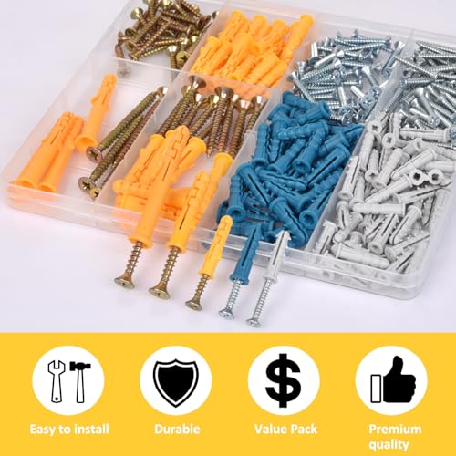 Drywall Anchors and Screws Assortment Kit 280PCS, 140 Plastic Wall Anchors and 140 Philips Flat Head Screws, 5 Sizes Galvanized Screws and Wall Plug Bolts w/Organizer Box (280)