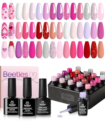 Beetles Pink Gel Polish Set, Hot Pink Alluring Sweetie Collection | 20 Colors Nude Purple Sliver Sparkly Red Uv Gel Manicure Kit, Base Glossy and Glitter Top Coat Gifts for Women - color: 0-0 Alluring Sweetie