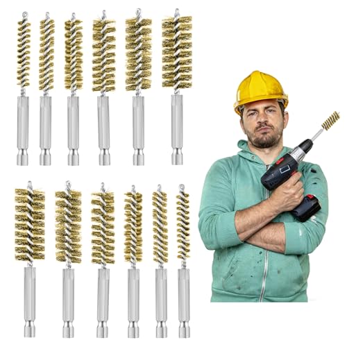 12Pcs Stainless Steel Bore Brush Set,Setwire Brush for Drill, with 8mm-19mmAbrasive Wire Brush , Rust Remover and Pipe Cleaner for Metal Surfaces with 1/4" Hex Shank - style: Brass