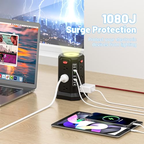 PASSUS Surge Protector Power Strip with 5 USB Ports and Night Light - color: Black-BZX-10ft
