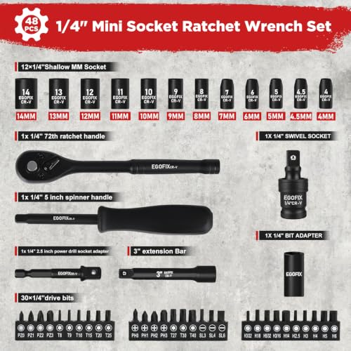 1/4" Mini Socket Ratchet Wrench Set 48PCS, Metric Shallow Socket (4-14mm), with 72 Teeth Ratchet Wrench, Screwdriver Bit Set, 3" Extension Bar and Impact Universal Joint, Storage Box - color: 1/4-48pcs