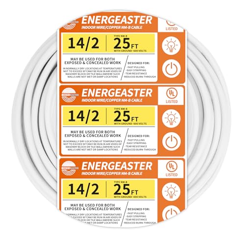 Energeaster Solid Indoor 14/2 W/G NMB Cable 25ft, Electrical Wire, White - size: 25FT, style: 2x14AWG-White