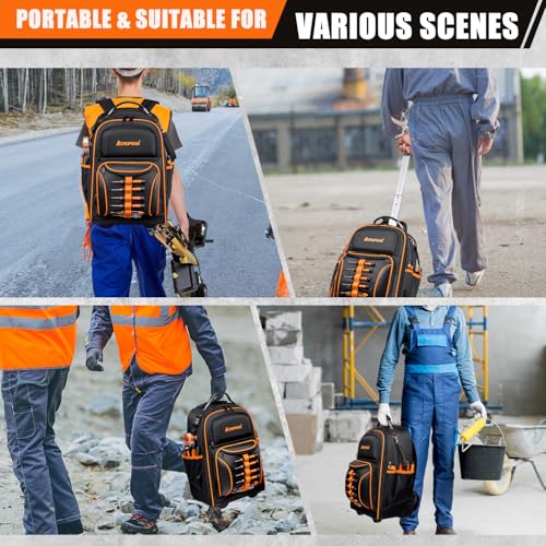 AUROPEAK Rolling Tool Backpack, 63 Pocket Heavy Duty Tool Bag with Wheels - size: 1.38" Wheel
