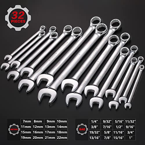Combination Wrench Set,32-Piece Chrome Vanadium Steel Wrench Set 12-Point SAE & Metric Wrenches 1/4"-1" and 7-22mm with Rolling Pouch - size: (Pack of 1)