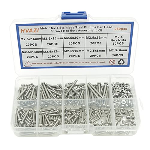 260PCS Metric M2.5 304 SS Phillips Pan Head Machine Screws & Nuts Kit | 9 Sizes 6-25mm Lengths 304 Stainless Steel Fully Threaded Pan Head Fasteners for PCB Electronics Arduino DIY Repair w/ Box - size: M2.5