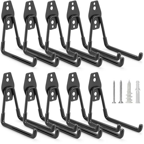 10 Pack Garage Hooks Heavy Duty Storage Organizer Wall Mount Power and Garden Tool Hangers, for Hanging Ladders, Ropes, Hose, Bulk Items - color: Black 10 pack