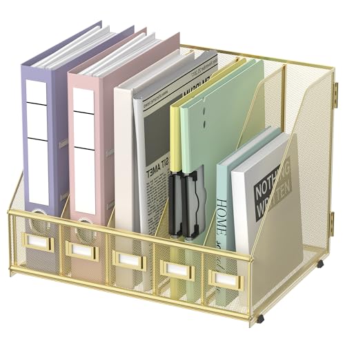 SUPEASY Desk Organizers Metal Desk Magazine File Holder with 5 Vertical Compartments Rack File Organizer for Office Desktop, Home Workspace, Gold Plus - color: Gold, size: Large