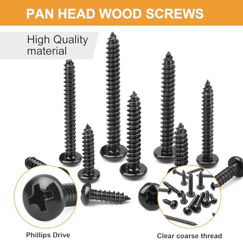 VIGRUE 410Pcs Stainless Steel Black Wood Screws Set #4#6#8#10 Phillips Pan Head Sheet Metal Screws Self Tapping Wood Screws Assortment Kit, Length 1/4" to 1-1/2" - style: 410PCS #4#6#8#10 Stainless Steel Black Pan Head